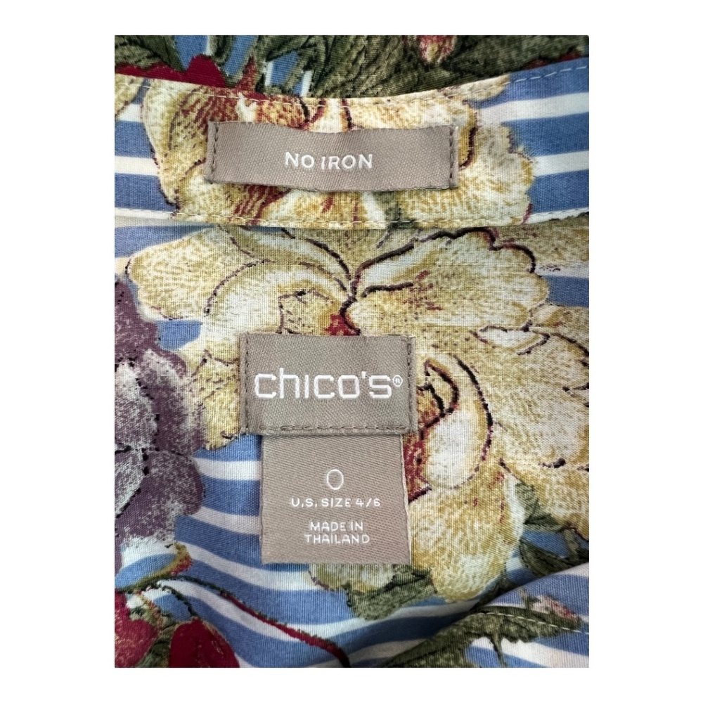 👚 EUC CHICO’S Floral Stripe No Iron Button Up Shirt | Size 4/6 (0) - Picture 7 of 8
